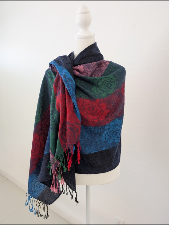 Accessories - Woven Floral Shawl Multicolor Rose Jacquard Pattern Fringe Edges Oversize Scarf